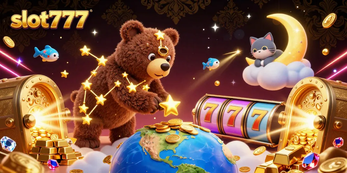 Scoop up winnings with slot777 in this vibrant 3D casino scene featuring golden treasures and dynamic slot elements.