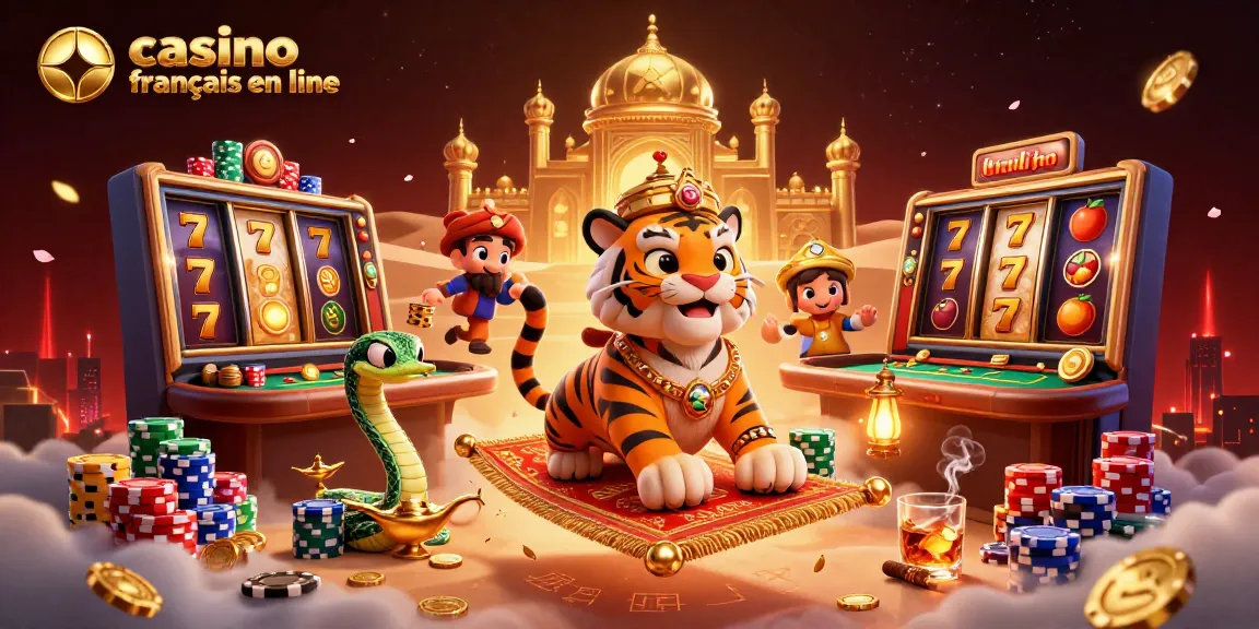 Jouez sur un casino francais en ligne avec un sultan tigre, des machines à sous et des jetons de poker scintillants
