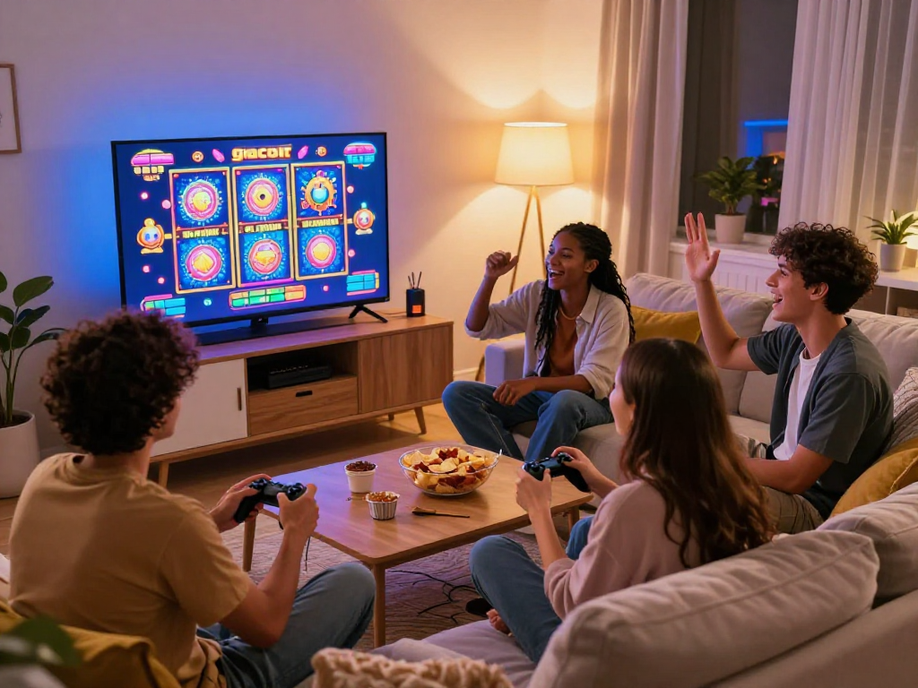 Friends enjoying an exciting game session of slot gacor in a cozy living room.