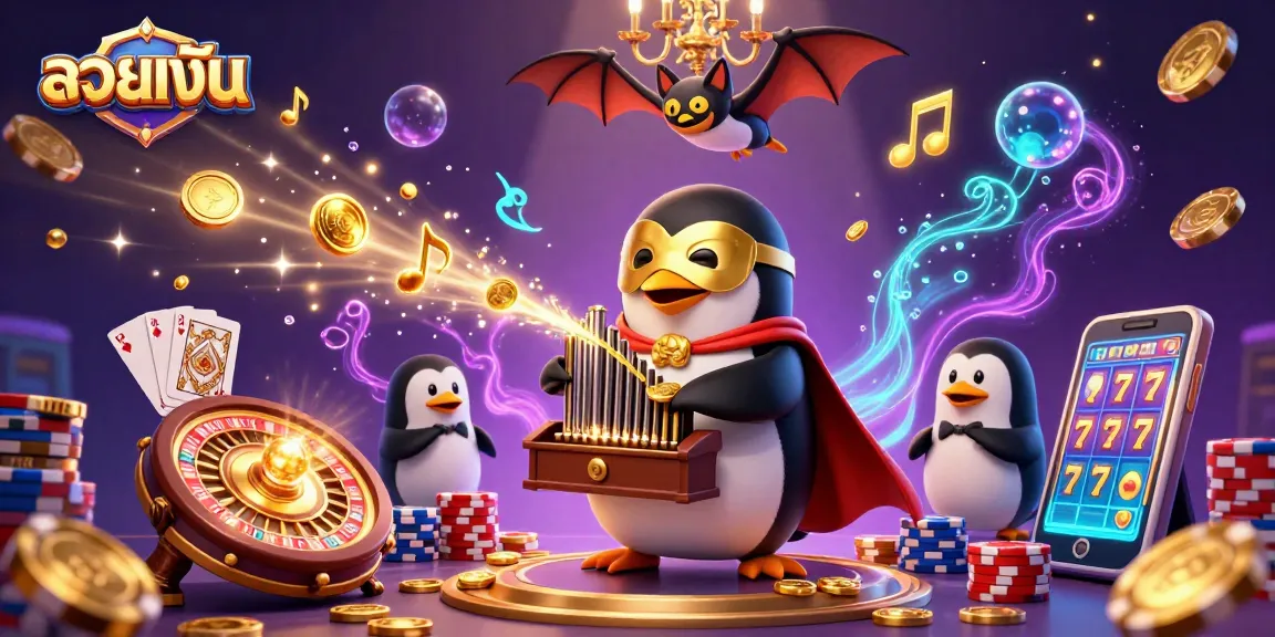 Withdraw cash with the 3D phantom penguin playing an organ in a lively casino scene