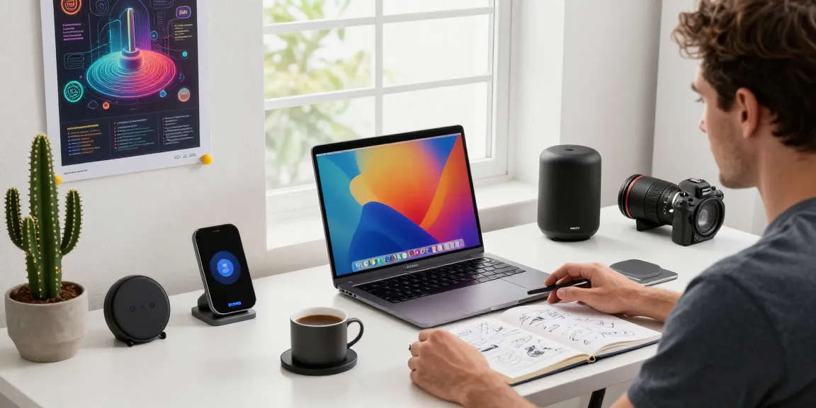 Workspace featuring an M5 MacBook with vibrant graphics, showcasing a modern tech environment for productivity and creativity.