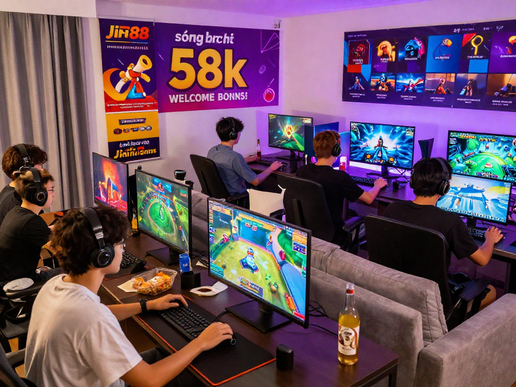 Một nhóm người vui vẻ chơi game online tại sòng bạc Jin88 với các banner khuyến mãi, tạo không gian sống động.