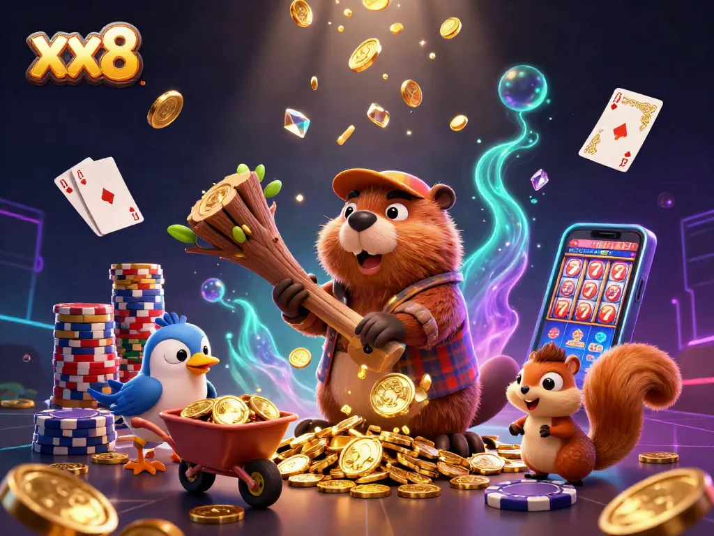 Experience thrilling gameplay with xx8 while watching a cartoon beaver chop a tree raining golden coins.
