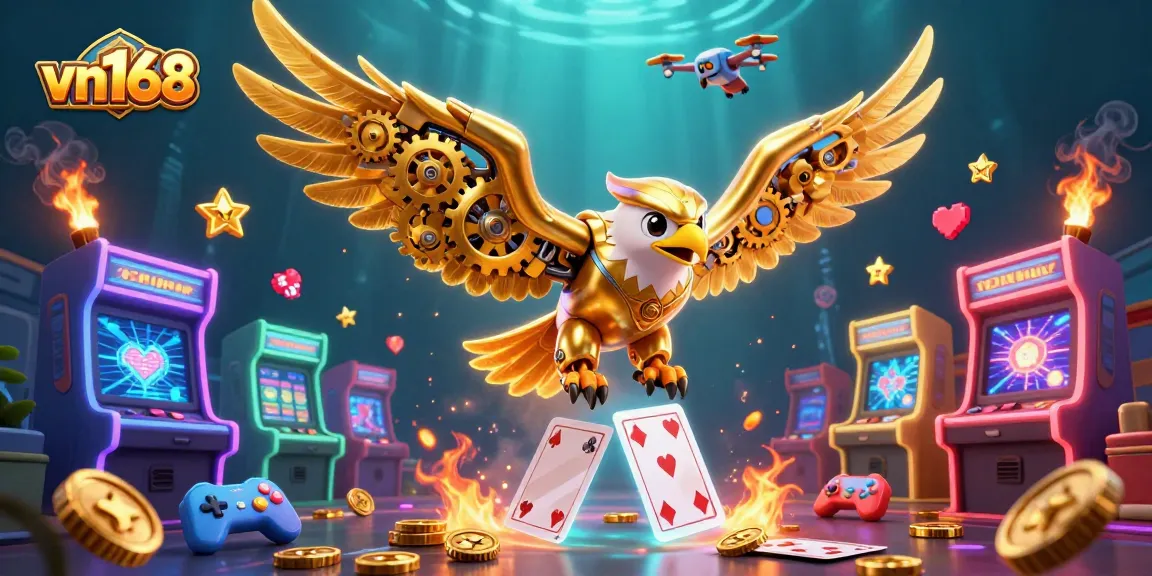 Experience thrilling gameplay at vn168 with a golden eagle colliding through holographic cards and vibrant casino elements.