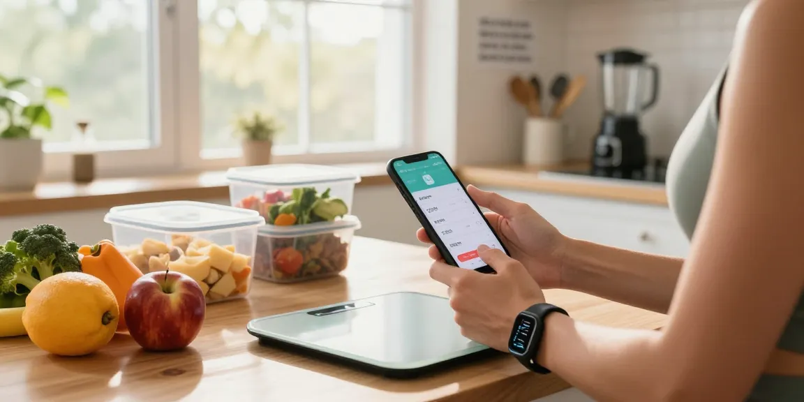 Person using the best AI macro tracker app in a vibrant kitchen setting while preparing fresh meals.