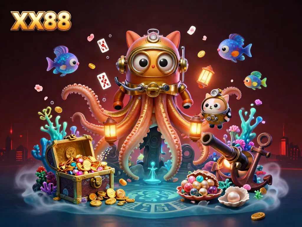 Experience thrilling gaming with XX88's vibrant underwater scene featuring a kraken and a diving cat.