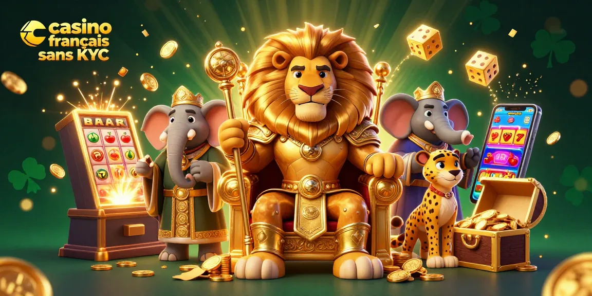 Jouez dans un casino français sans KYC avec un roi lion, un éléphant sage et un guépard messager au milieu de machines à sous.