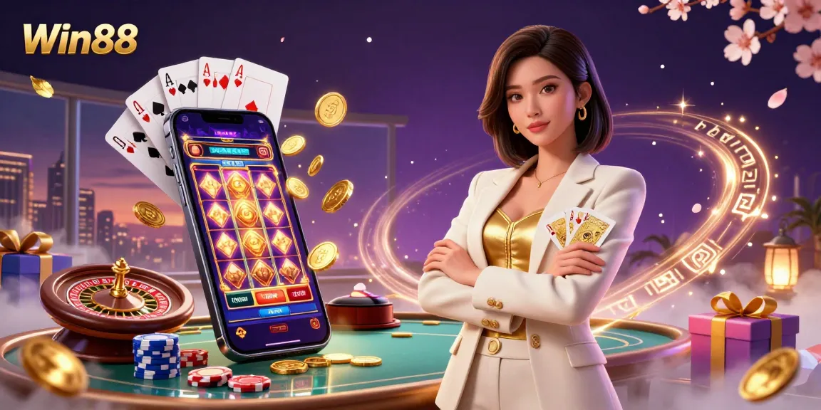 Experience winning strategies at Win88 with this vibrant casino illustration featuring dynamic gaming elements.