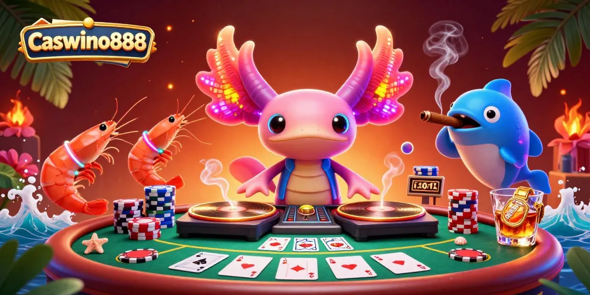 Experience vibrant gaming with Caswino888 as a neon axolotl DJ spins golden records in a lively underwater casino scene.