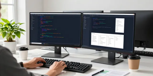 比特指纹浏览器开发者在现代办公室使用双显示器进行高效工作的场景