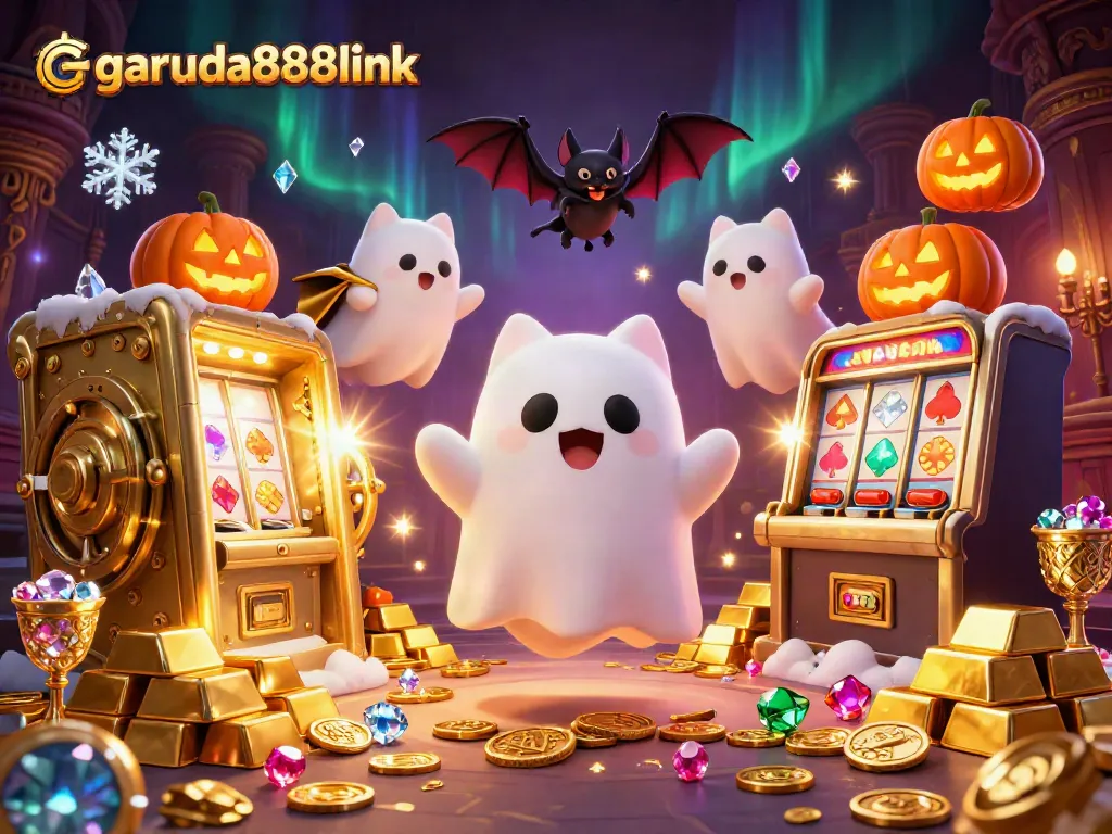 Join the excitement at garuda888link with friendly ghost cat and vampire bat in a lively haunted casino scene.