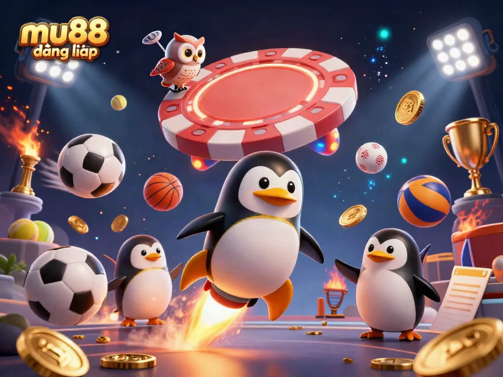 Engage with mu88 đăng nhập featuring vibrant, animated casino elements and a 3D penguin blast.