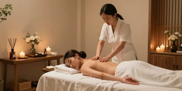 다낭 밤문화와 함께하는 편안한 스파 마사지 치료. 편안한 치료실, 아로마 오일, 그리고 아늑한 분위기.