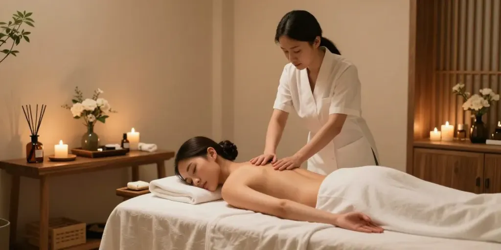 다낭 밤문화와 함께하는 편안한 스파 마사지 치료. 편안한 치료실, 아로마 오일, 그리고 아늑한 분위기.