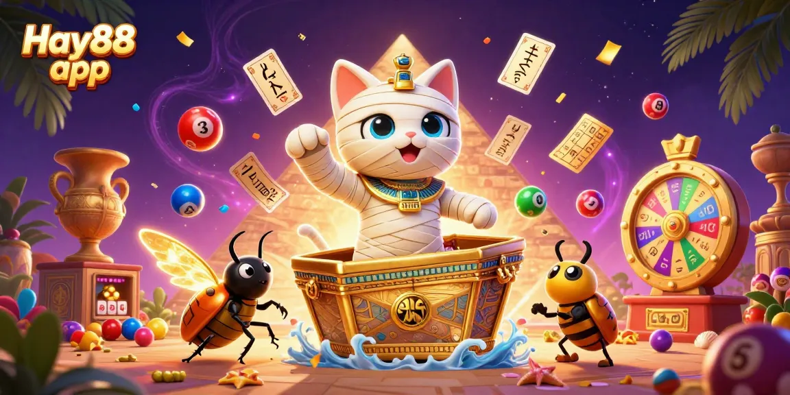 Experience the excitement of the Hay88 app with a vibrant casino scene featuring a mummy cat and scarab beetle.