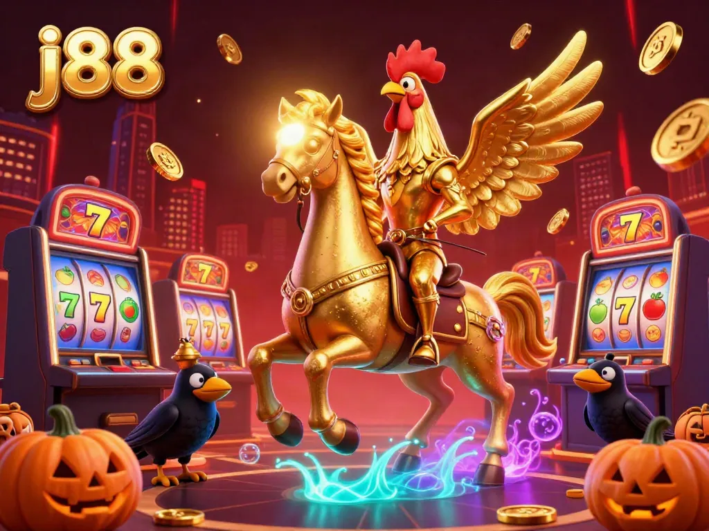 Engage in j88 gaming experiences with a vibrant golden rooster, slot machines, and glowing lanterns in this lively casino scene.