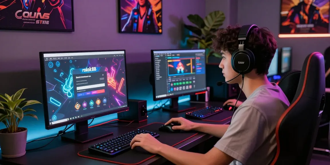 Engaging online gaming scene featuring rokok88 login interface with vibrant graphics and gaming accessories
