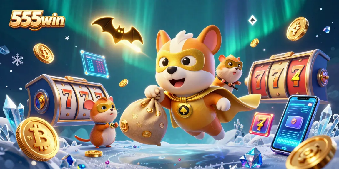 Experience thrilling gameplay with 555win, featuring a superhero dog, coins, and rich casino elements.