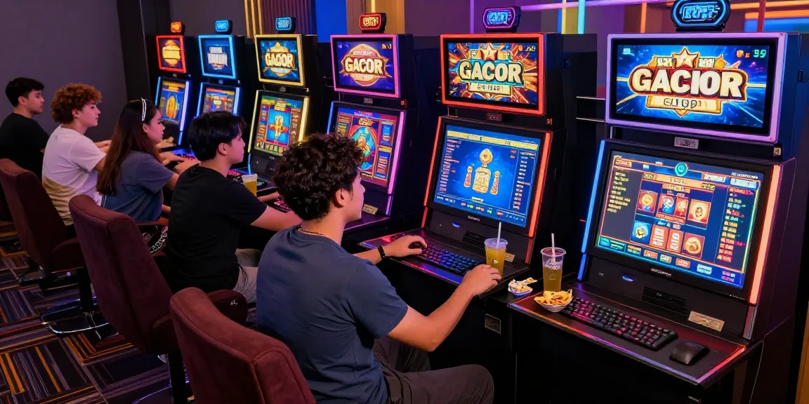 Vibrant gaming atmosphere with slot gacor machines and excited players enjoying their online experience.