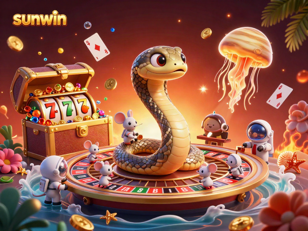 Experience the exciting sunwin gaming scene with a dynamic roulette wheel and vibrant treasure elements.