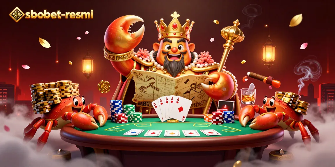 Engage in thrilling games with sbobet-resmi featuring a golden crab emperor and poker elements.