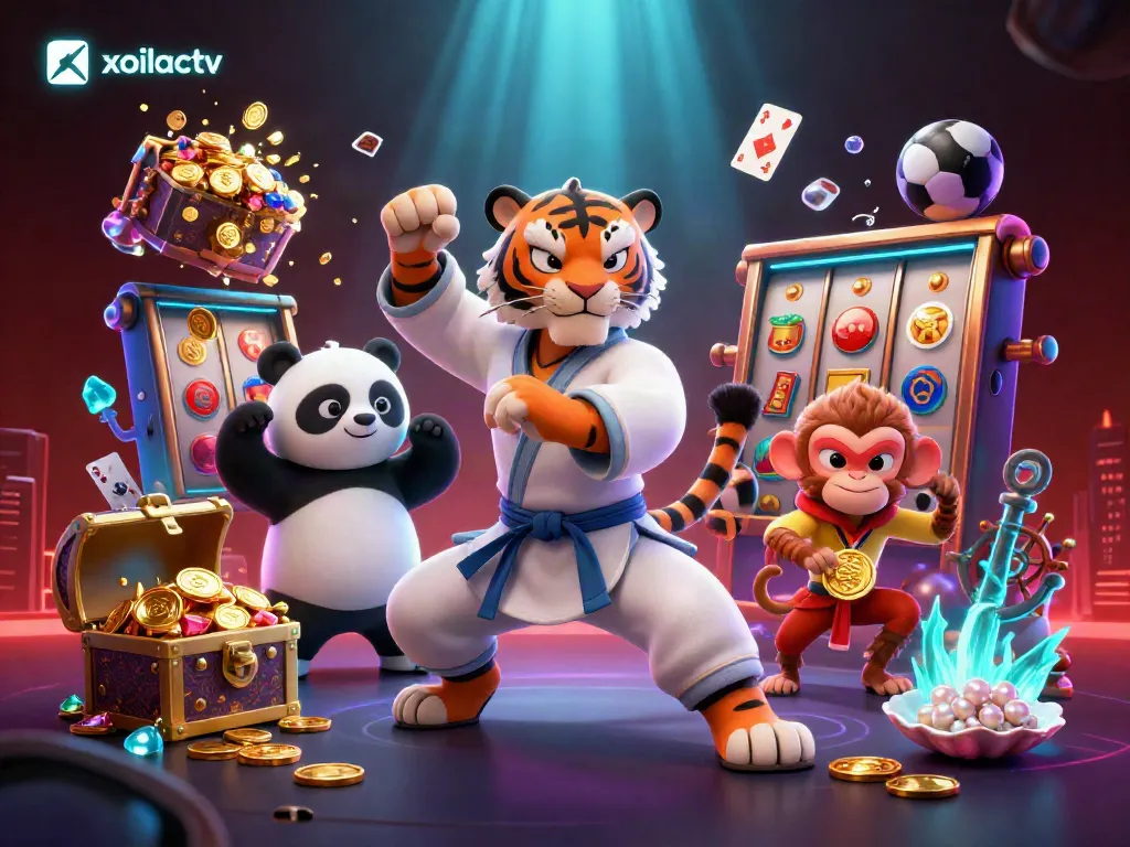 Xoilactv showcases an exciting 3D casino scene with a kung fu tiger, panda, and monkey amidst vibrant gambling elements.