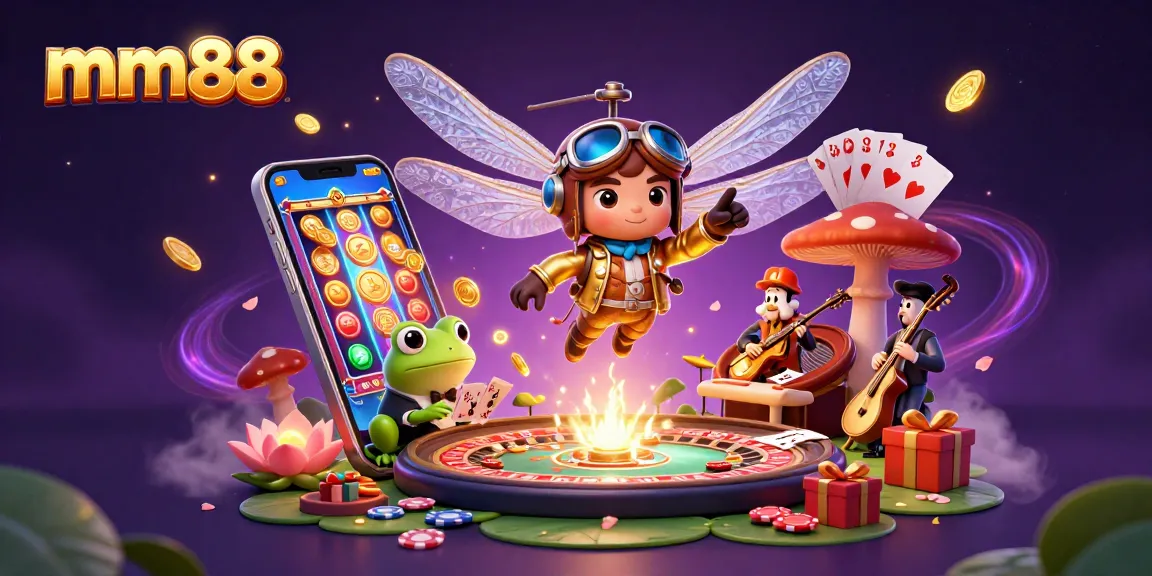 Experience vibrant gaming action at mm88 with a lively dragonfly pilot, frog dealer, and jazz musicians in a dynamic casino scene.