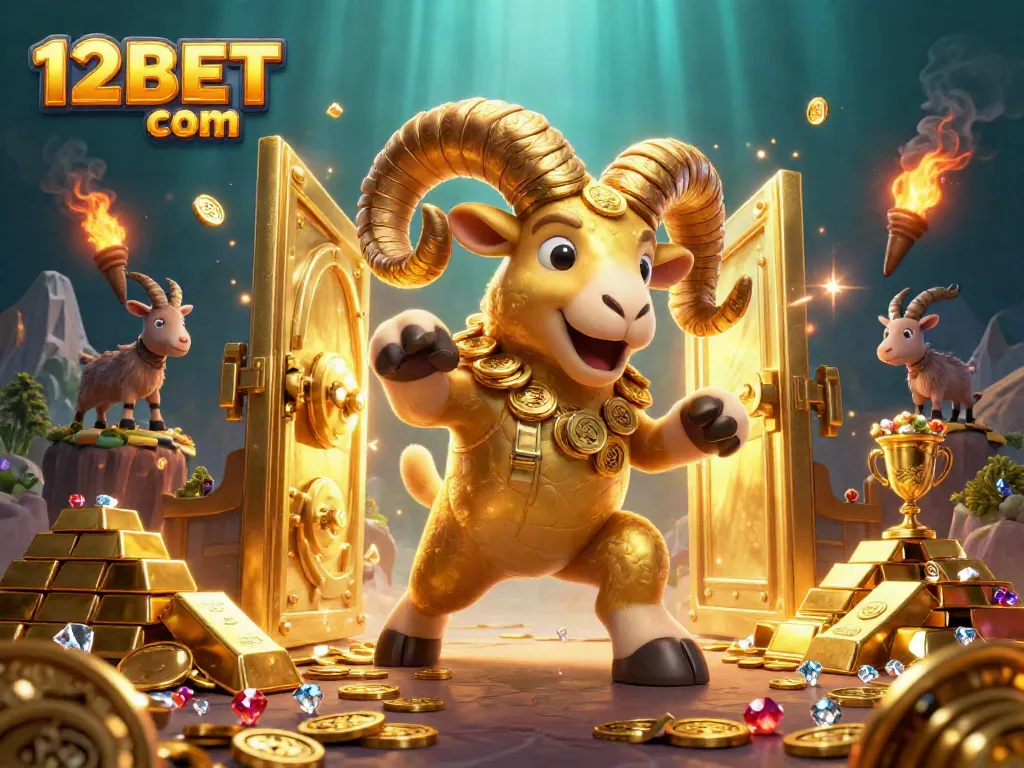 Experience thrilling winnings at 12BET com, where a golden ram charges through gold treasures in a casino adventure.