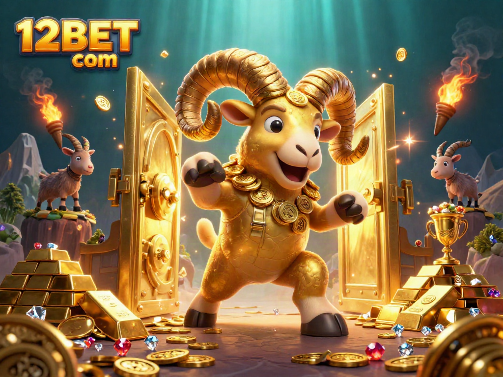 Experience thrilling winnings at 12BET com, where a golden ram charges through gold treasures in a casino adventure.