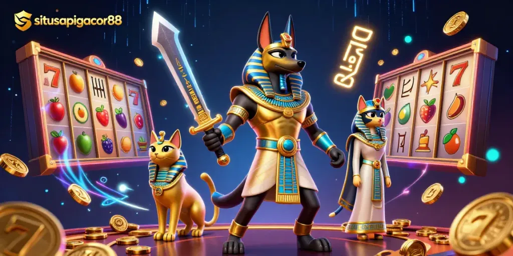 Experience thrilling slots at situsapigacor88 with Anubis and Bastet in a vibrant casino scene.