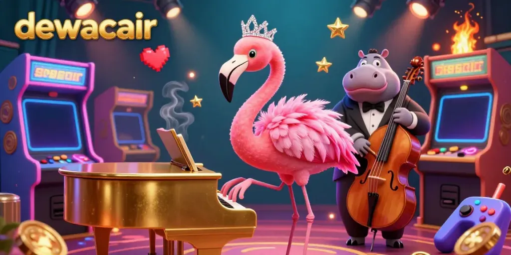 Dewacair offers a vibrant casino scene with a flamingo singer, hippo bassist, and arcade games.