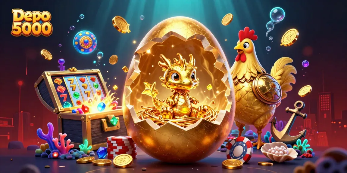 Menang besar dengan Depo 5000 menunjukkan naga emas dan jackpot bersinar di kasino.
