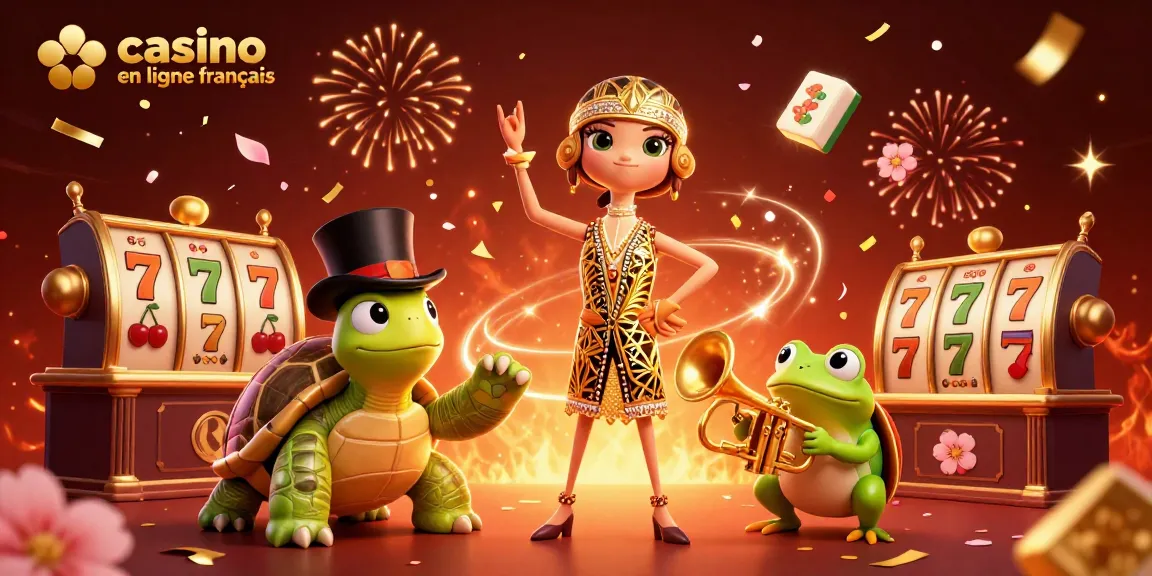 Jouez dans un casino en ligne francais avec des machines à sous réunies dans une scène festive et dynamique.