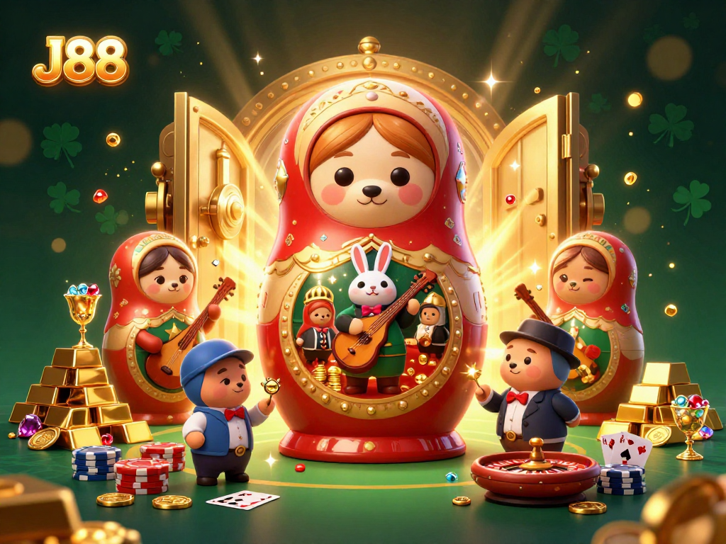 Experience the excitement of J88's live casino with detailed 3D cartoon bears and treasures.