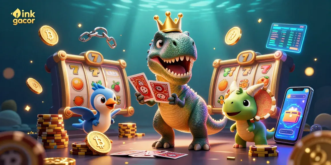Explore a rich scene of the link gacor in action with a T-Rex and friends at a colorful casino.