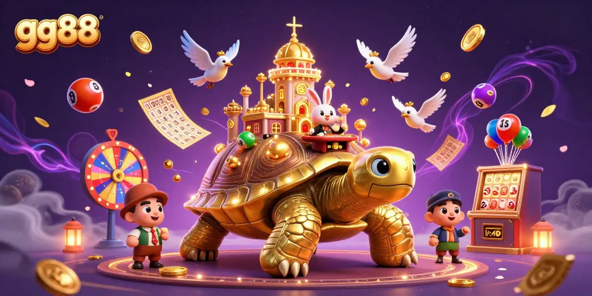 Experience thrilling jackpot opportunities at gg88 with a captivating casino illustration of a giant tortoise holding a vibrant casino.