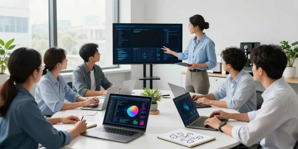 Collaborative team discussing Enterprise AI strategy in modern office.