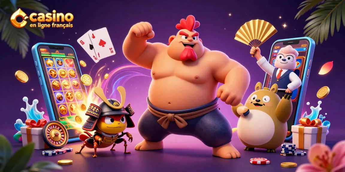 Une scène dynamique avec un coq sumo dans un casino en ligne français offrant des jeux et des étoiles.
