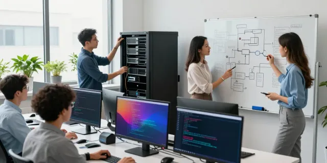 Team collaborating on microsoft azure managed services in a modern tech office.