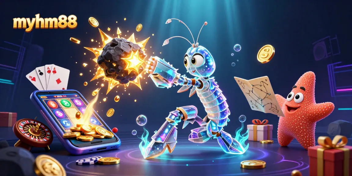 Experience the excitement of myhm88 with vibrant gaming elements and dynamic characters in this 3D illustration.