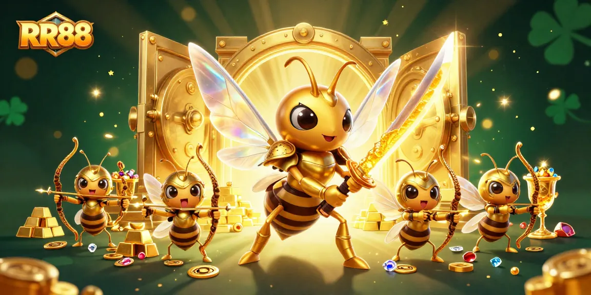 Engage in thrilling games with RR88's unique 3D illustration featuring samurai bee warriors amidst treasure.