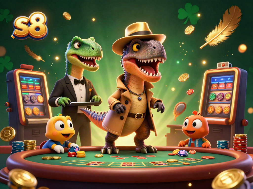Experience the thrill of the s8 casino with a velociraptor counting cards while a stegosaurus watches over.