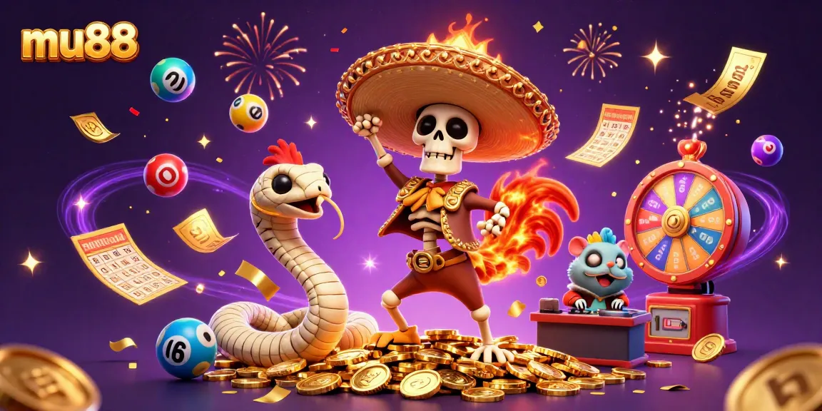 Experience the vibrant winnings at mu88 with a festive scene of characters celebrating in a colorful casino atmosphere.