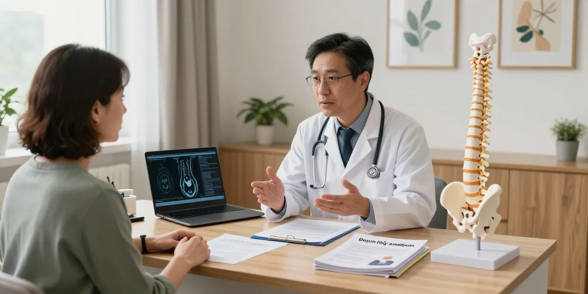 Doctor discussing "Boyun fıtığı ameliyatı" with patient in a clinic.