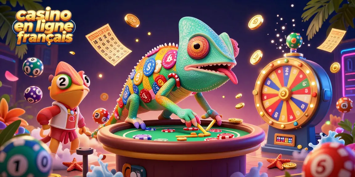 Engagez-vous dans le jeu au casino en ligne français avec un caméléon géant et des éléments colorés.