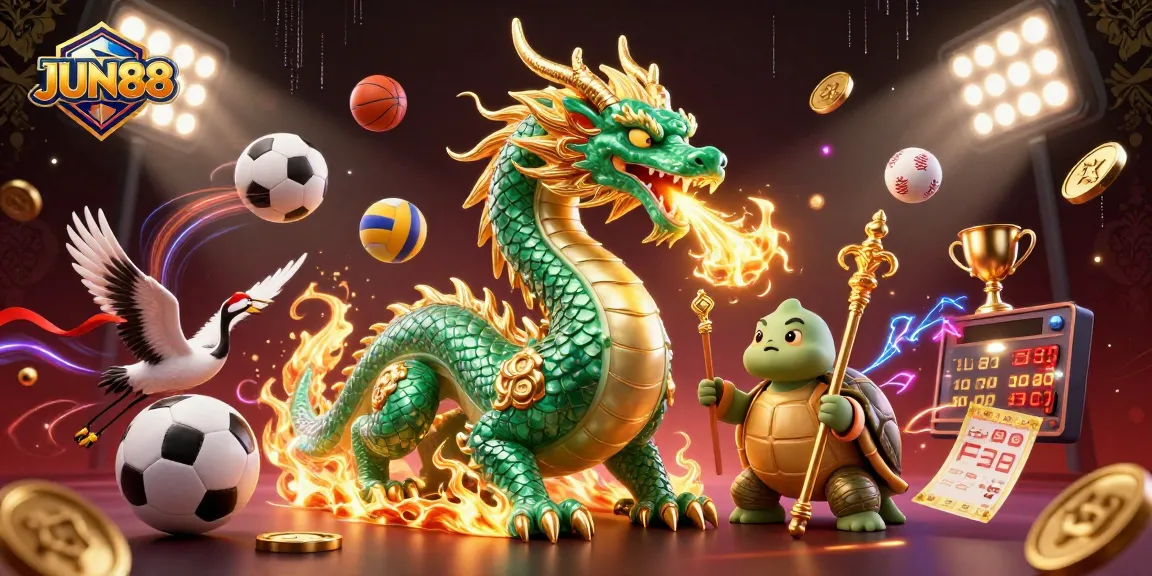 Experience the thrill of JUN88 with a vibrant casino illustration featuring dragons and lucky cranes amidst dynamic sports elements.