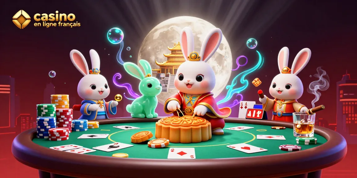 Illustration dynamique de casino en ligne français avec un lapin de lune, des jetons de poker et une ambiance festive.