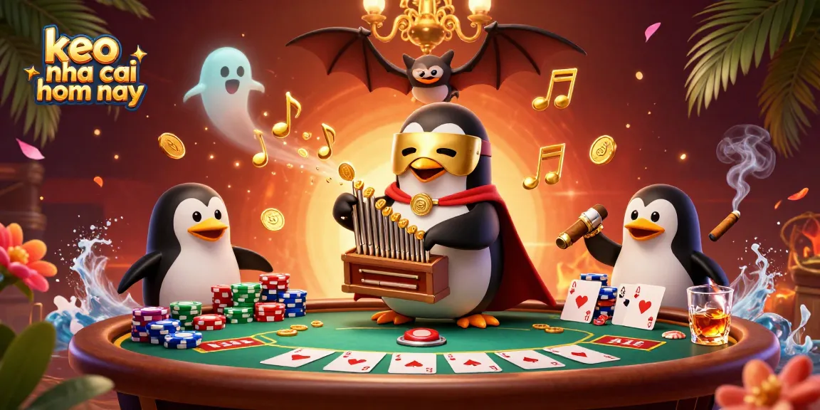 Experience keo nha cai hom nay through cartoon penguins and dynamic poker elements in a vivid casino illustration.