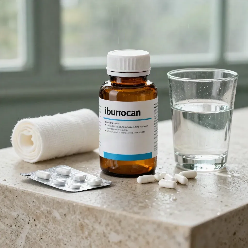 Amber ibuprofen bottle with caplets, blister pack, gauze, and water glass on wet stone.