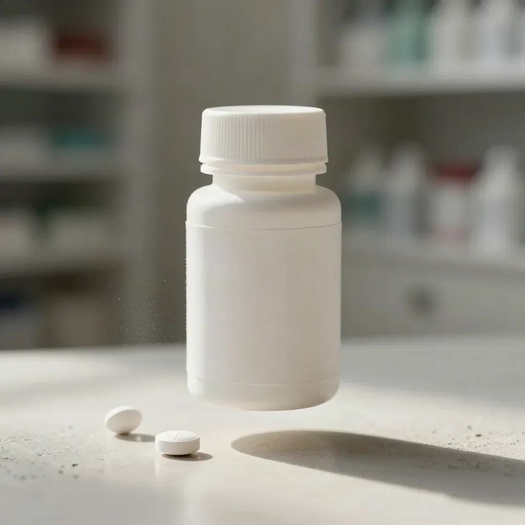 Floating acetaminophen bottle with drifting tablets on a pale studio field.